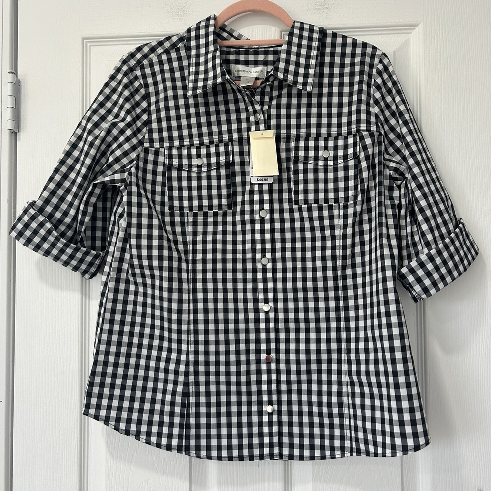 Christopher &‎ Banks Shirt Women's Large Black Plaid Button Up Short Sleeve NWT